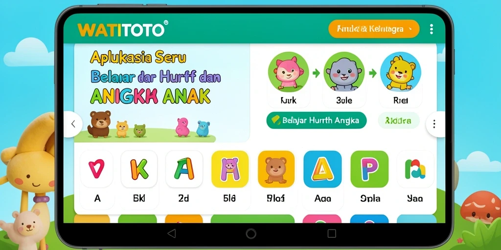 Antarmuka WATITOTO yang cerah dan interaktif untuk belajar huruf dan angka.